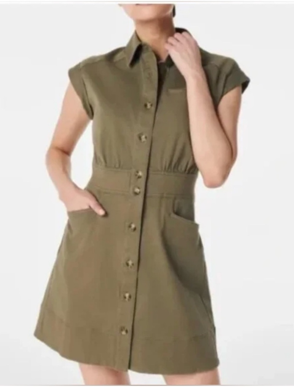 SPANX Twill Utility Mini Dress size XL in Tuscan Olive Stretch Button Front